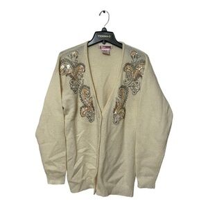 Vintage Sears Womens Button up Cardigan Lambswool Angora Blend Beaded Size Mediu